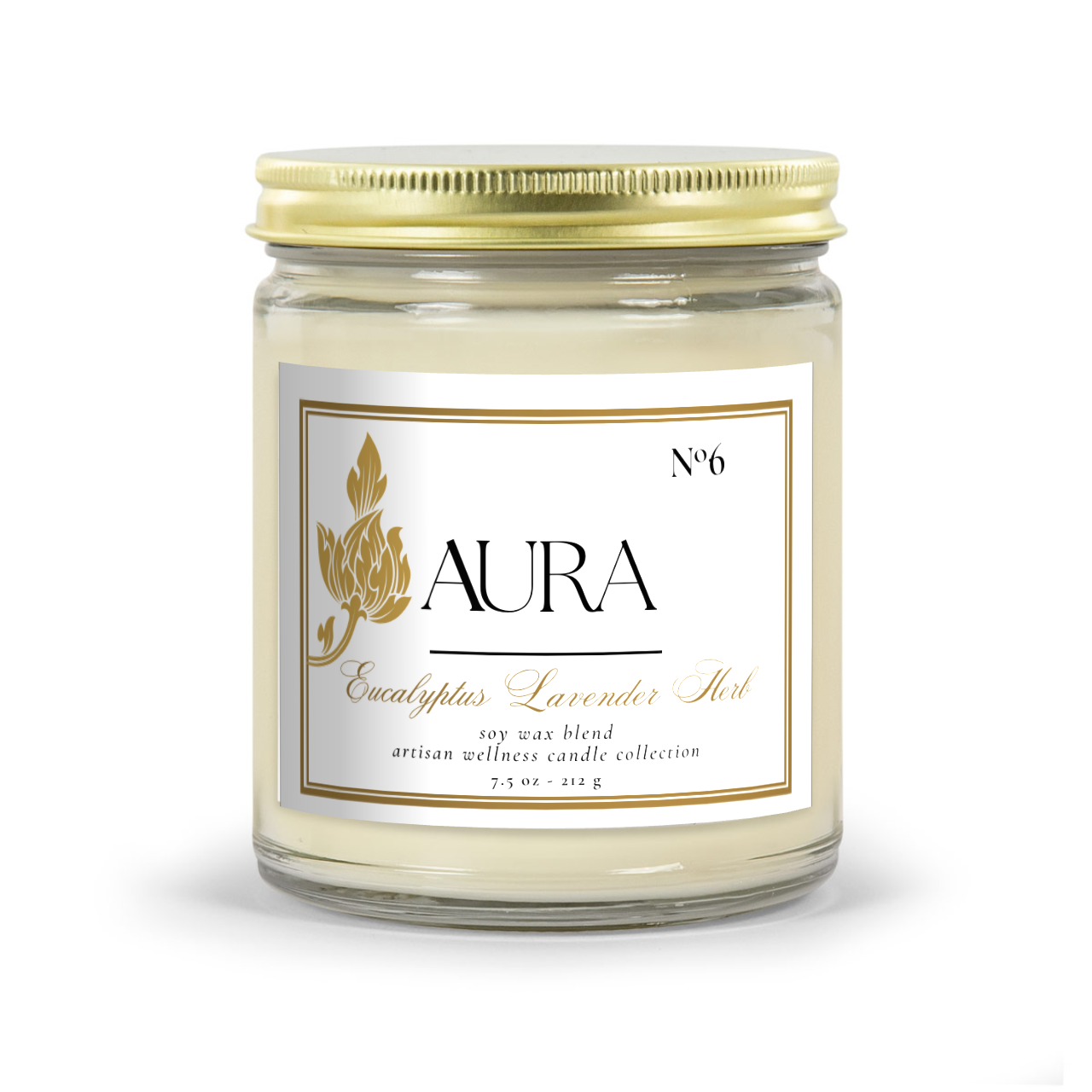 Aromatherapy Candle - Aura Aromas Artisan Wellness Candle Collection: Classic Amber Or Classic Clear Vessel Eucalyptus Lavender Herb Scent