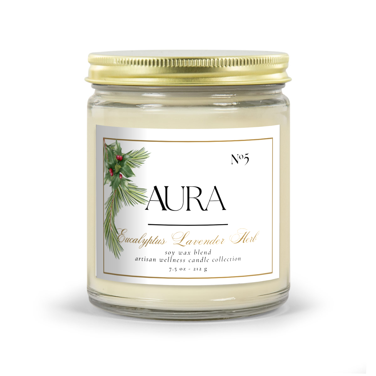 Aromatherapy Candle -Aura Aromas Artisan Wellness Candle Collection: Amber Holiday Vessel Eucalyptus Lavender Herb Scent