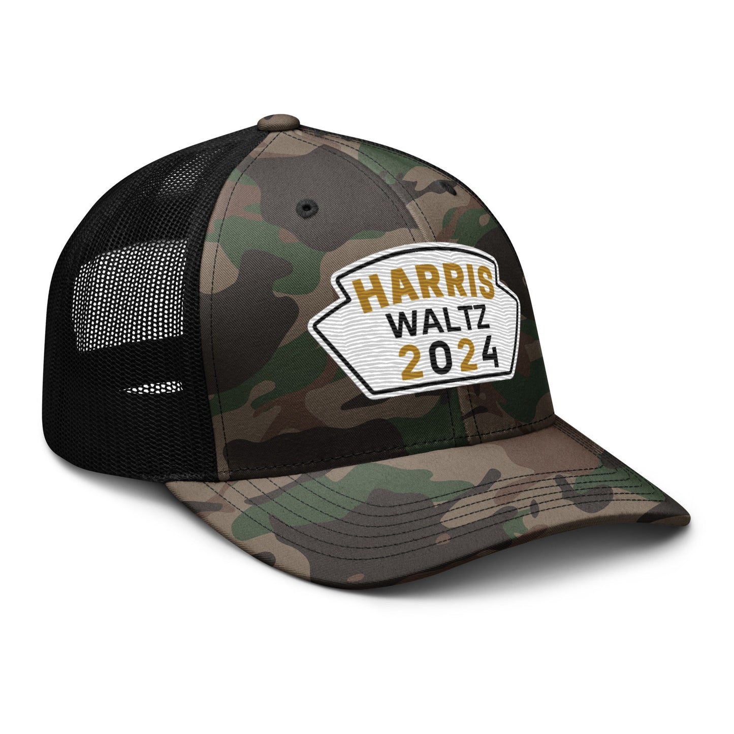 Harris Waltz Camouflage Baseball Cap - White, Black & Dark Golden Rod Patch