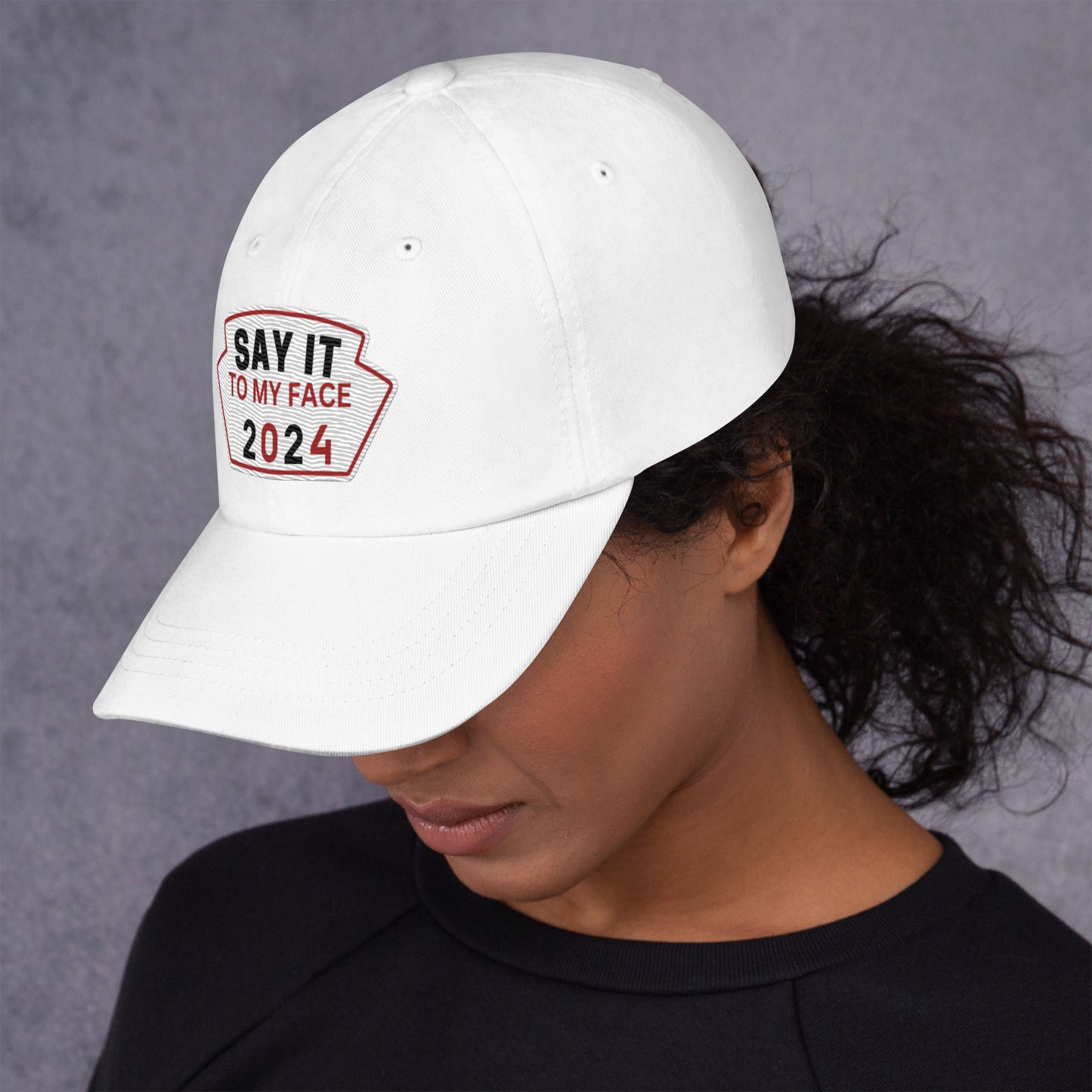 Say It To My Face Dad Style Baseball Cap - Red, White & Black Patch (2 Color Options)