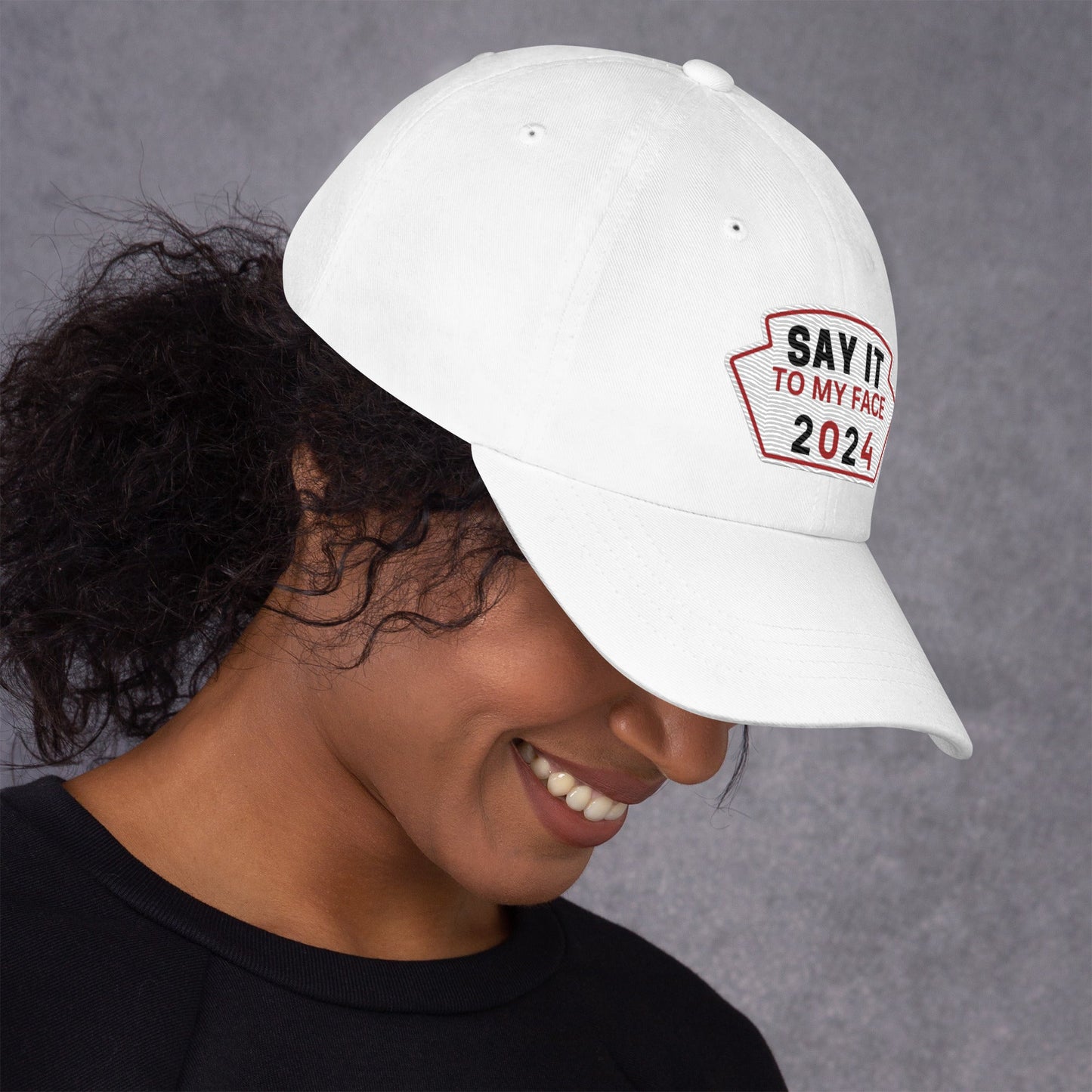 Say It To My Face Dad Style Baseball Cap - Red, White & Black Patch (2 Color Options)