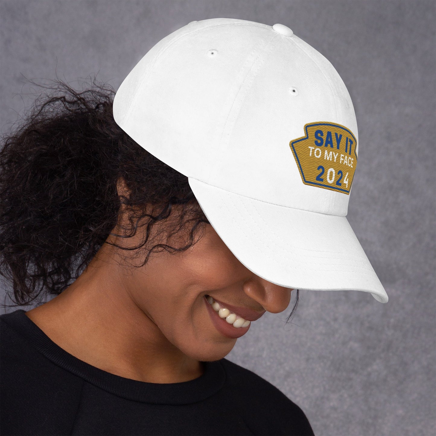 Say It To My Face Dad Style Baseball Cap - Gold & Royal Blue Patch (2 Color Options)